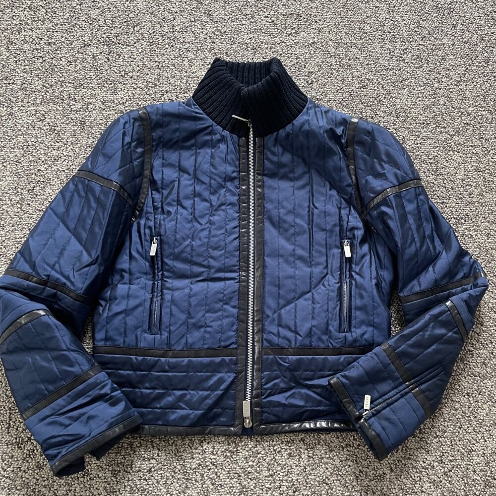 Celine France Quilted Leather Trim Navy Black Bomber Jacket Coat 36